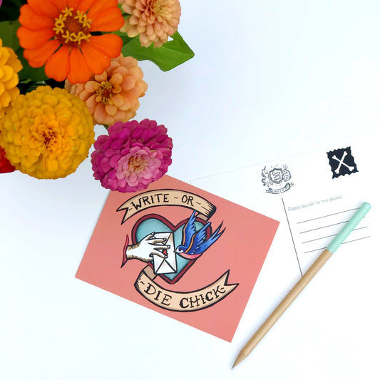 Write-Or-Die Chick Postcard