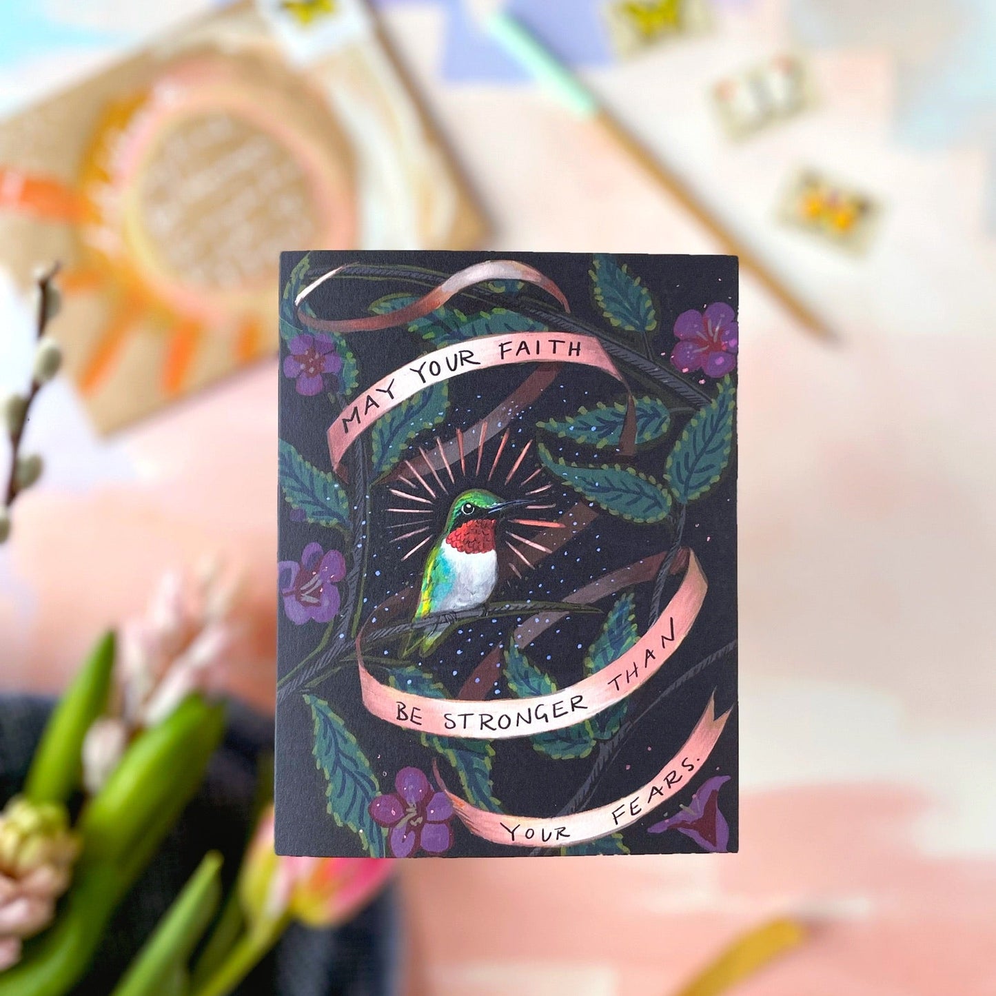 Faith over Fears Hummingbird — Encouragement Card