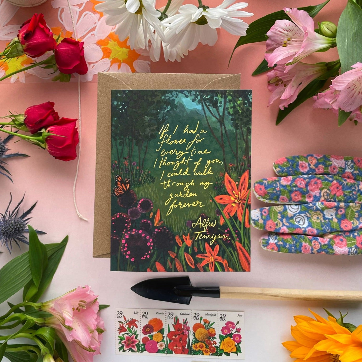 Floral-themed stationery items including a card that says "if I had a glower for every time I thought of you, I could walk through my garden forever" and flowers on a pink background