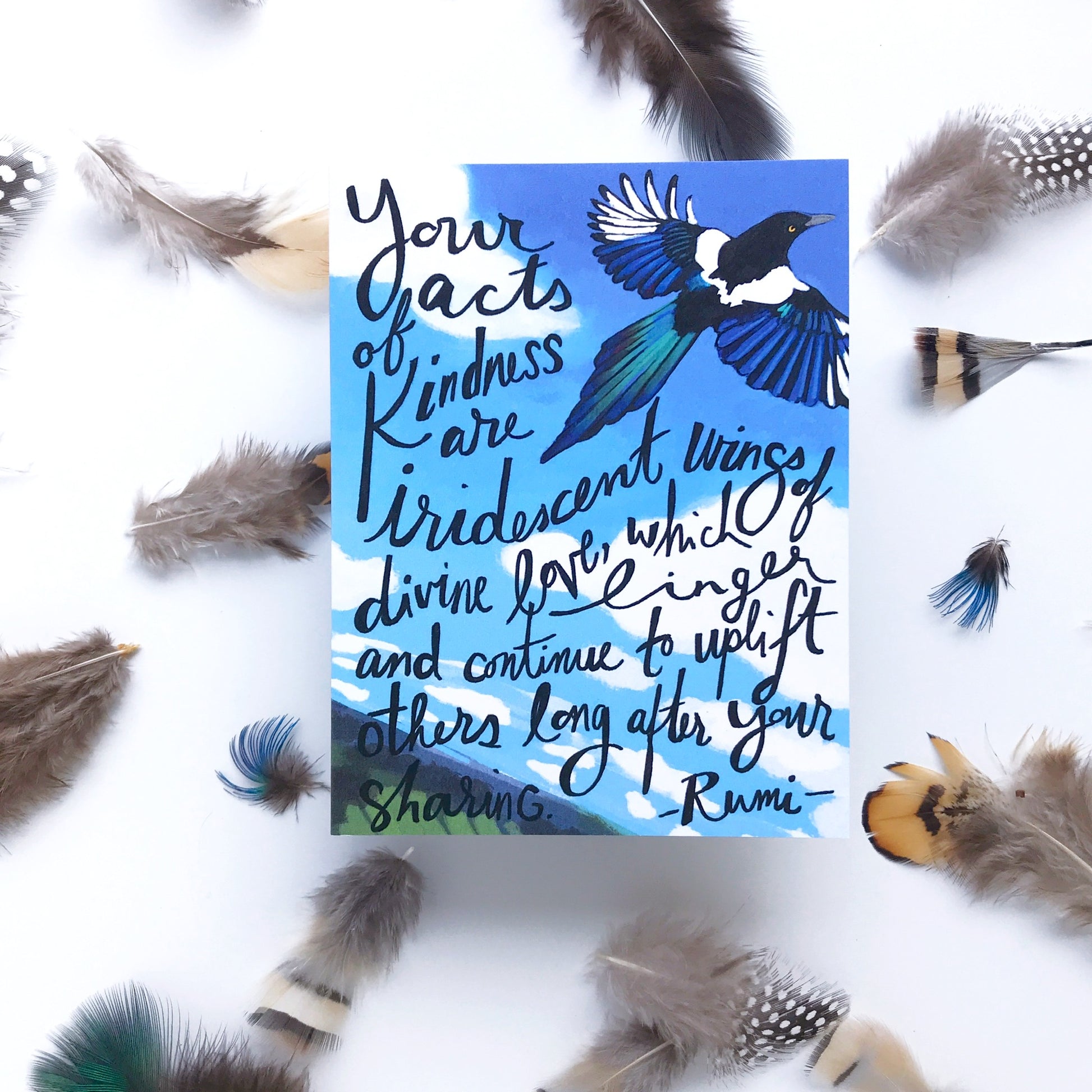 Card with inspirational quote and bird illustration surrounded by feathers on a white background