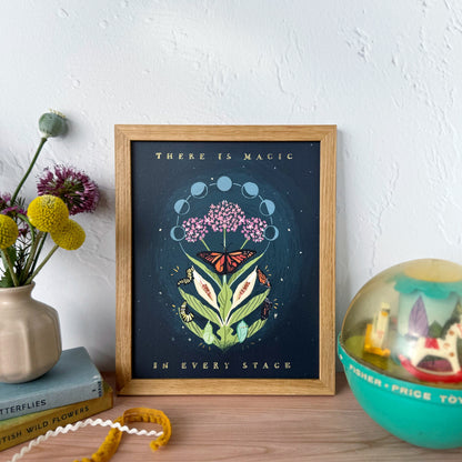 A framed art print featuring a whimsical botanical illustration with butterflies and the text 'THERE IS MAGIC IN EVERY STAGE' displayed on a wooden tabletop next to a vase of flowers and a teal child's ball.