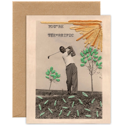 Greeting card with a vintage-style illustration of a golfer and text 'YOU'RE TEE*RRIFIC' on a textured background.