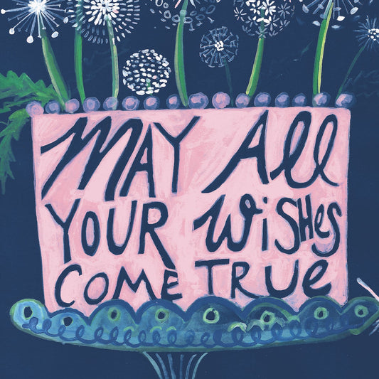 Dandelions with 'May all your wishes come true' text on a dark blue background