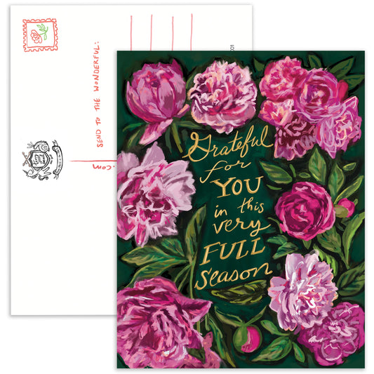 Set of 10 Grateful For You In This Very Full Season (Peony Postcard)