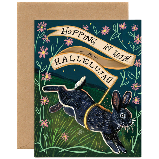 Hopping In With A Hallelujah (Rabbit With Banner) — Congrats, Baby Card